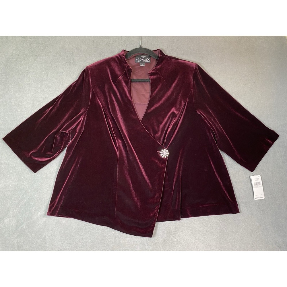 NWT Alex Evenings Plus Size 1X Women's Velvet Asym Maroon Wine Blouse/ Jacket